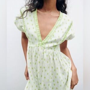 ZARA Embroidered Rustic Tunic Midi Dress Beach Cover Up White/Green Sz M